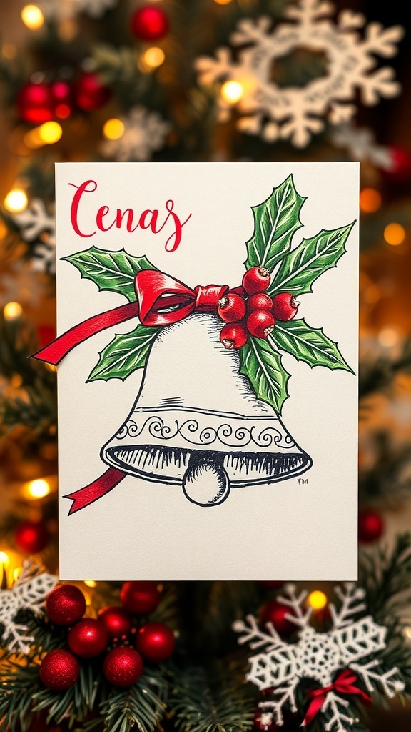 A Christmas card design with a decorative bell, holly, and festive elements.